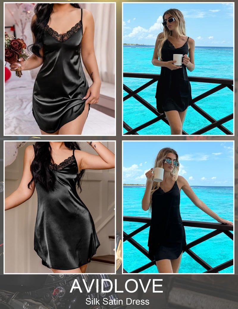 Avidlove Black Lingerie Women's Nightwear Sexy Satin Sleepwear Lace Chemises Mini Full Slip - Image 2